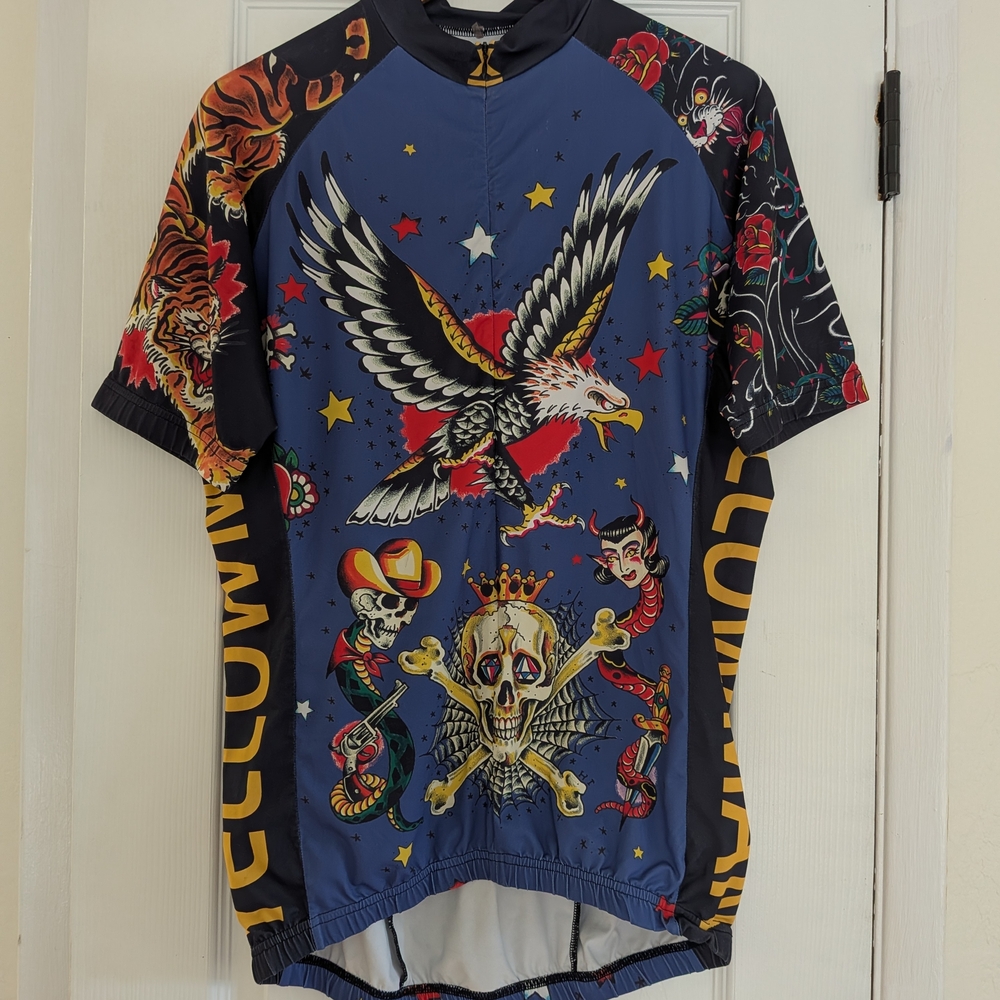 YMX Yellowman Eagle Skull Half Zip Short Sleeve Cycling Jersey Size Medium Blue